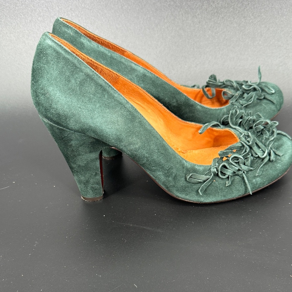 Chie Mihara Dark Green Suede Mid Heel Pumps with Knot Detail